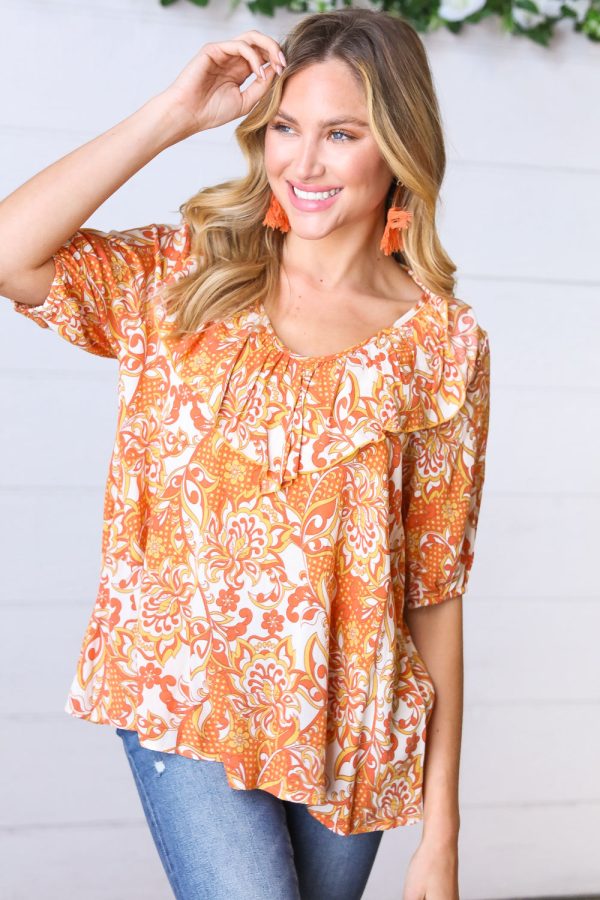 Gyzyem Orange Boho Ruffle Woven Top