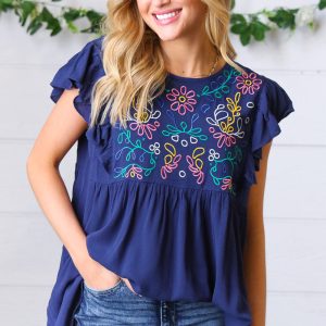 Gyzyem Floral Embroidered Flutter Sleeve Top