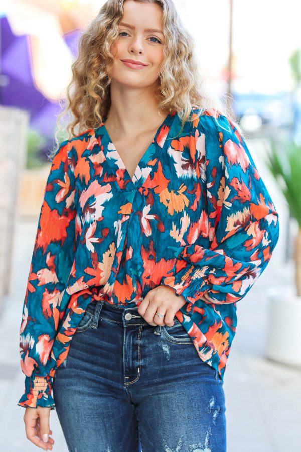 Gyzyem Floral Abstract Print V Neck Smocked Top