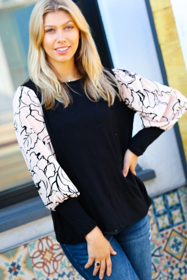 Velvet Floral Mesh Bubble Sleeve Top