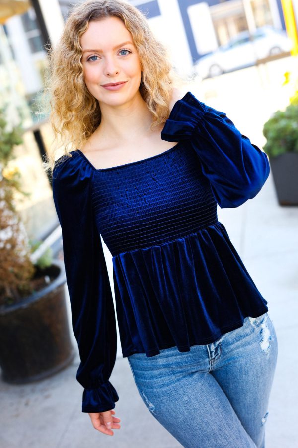 Gyzyem Navy Crushed Velvet Smocked Ruffle Top