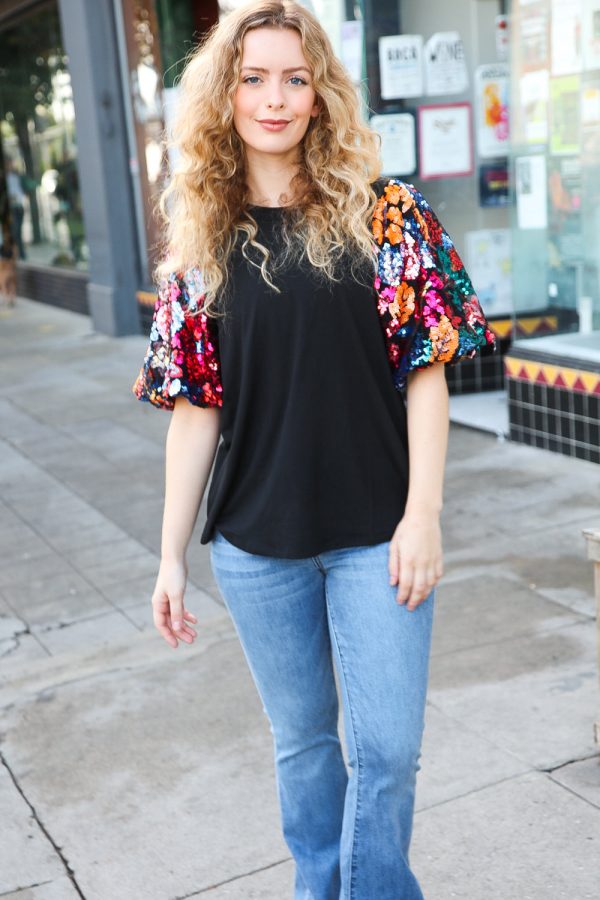 Gyzyem Black Sequin Floral Puff Sleeve Top